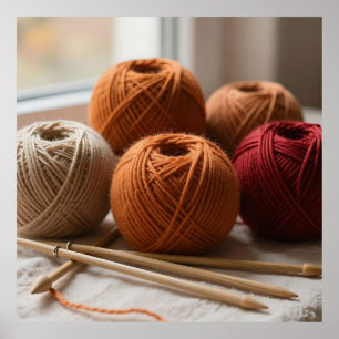 Gemütliche Wollknäuel Stricken in Herbsttönen Poster