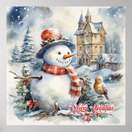 Gemütlicher Aquareller Weihnachtsschneeszene Poster