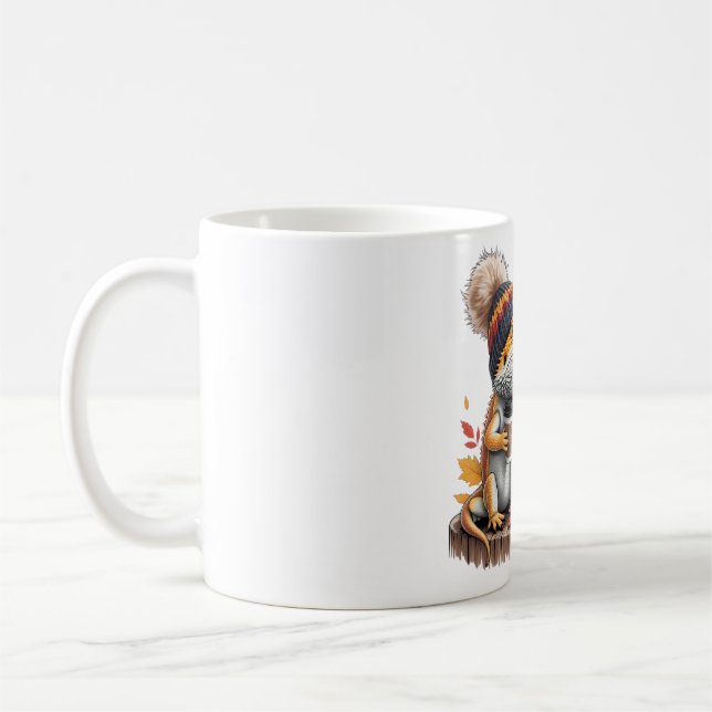 Gemütlicher, bärtiger Drache mit Kaffee Kaffeetasse (Links)