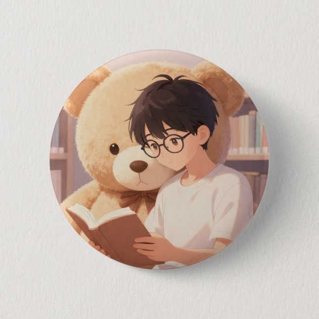Gemütlicher Bibliotheksjunge & Riesiger Teddybär b Button (Vorderseite)