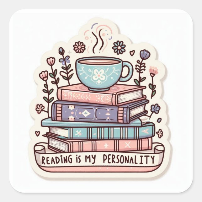 Gemütlicher Bücherstapel & Kaffee Aufkleber - Lese (Vorderseite)