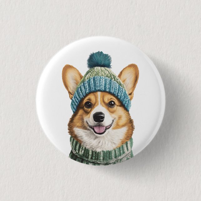 Gemütlicher Corgi im Wintergear Button (Vorderseite)