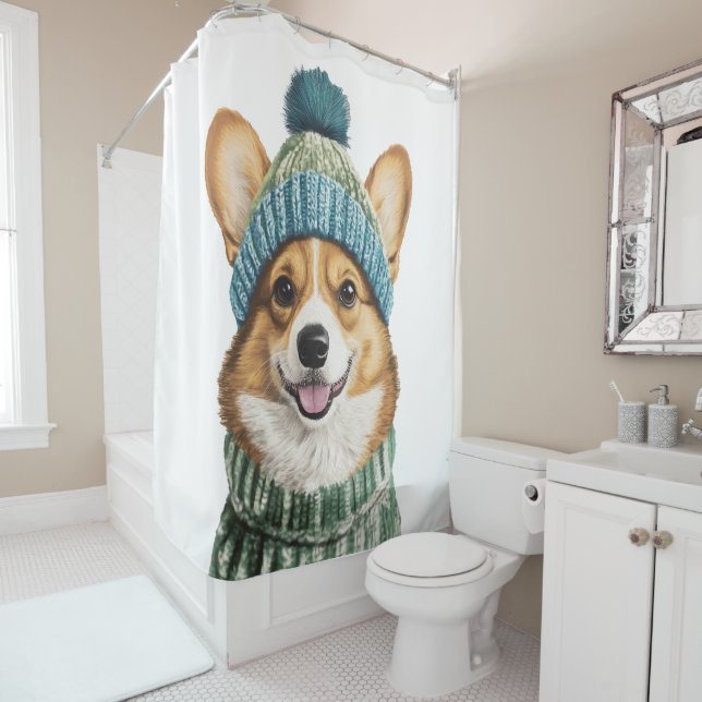 Gemütlicher Corgi im Wintergear Duschvorhang (Beispiel)