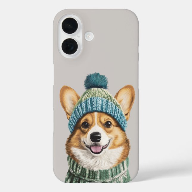 Gemütlicher Corgi im Wintergear iPhone 16 Hülle (Rückseite)