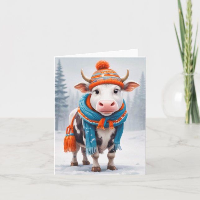Gemütlicher Cow Winter Karte (Vorderseite)
