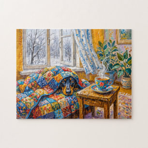 Gemütlicher Dachshund ruht auf einer Patchwork-Win