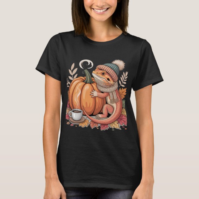 Gemütlicher Fall Bartagame mit Kaffeekunst T-Shirt (Vorderseite)