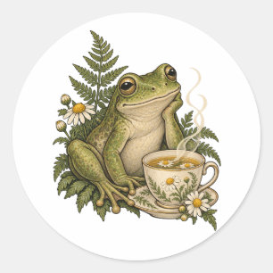 Gemütlicher Frosch mit Kamillentee und Farnen Runder Aufkleber