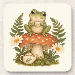 Gemütlicher Frosch trinkt Tee auf einem Waldpilz Getränkeuntersetzer