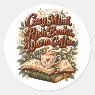 Gemütlicher Geist Reiche Bücher Warmer Kaffee Vint Runder Aufkleber
