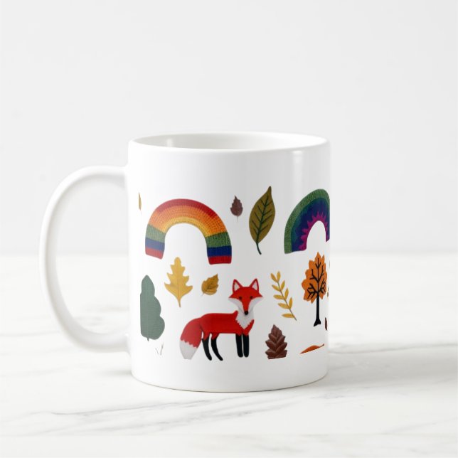 Gemütlicher gestrickter Fuchs und Herbstwald-Muste Kaffeetasse (Links)