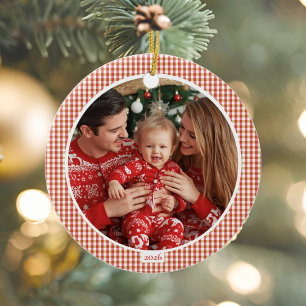 Gemütlicher Gingham-Weihnachtsschmuck mit Foto Keramik Ornament