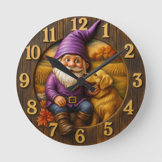 Gemütlicher Gnom & Hund Herbst  Runde Wanduhr (Vorderseite)