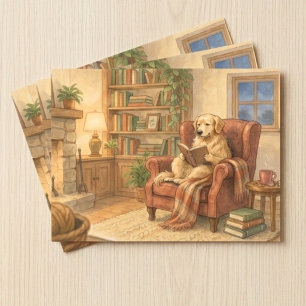 Gemütlicher Golden Retriever liest am Kamin Postkarte