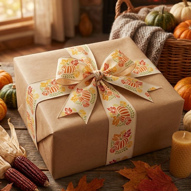 Gemütlicher Herbst Kürbis und fallende Blätter Satinband (Von Creator hochgeladen)