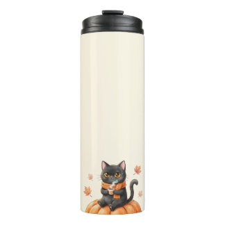 Gemütlicher Herbst Schwarzer Kawaii-Katze Pumpkin Thermosbecher