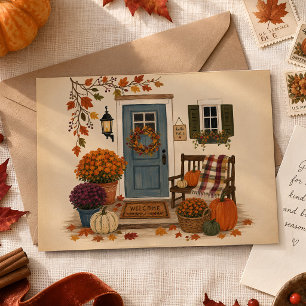 Gemütlicher Herbst-Vordach-Kürbis-Kranz-Illustrati Postkarte