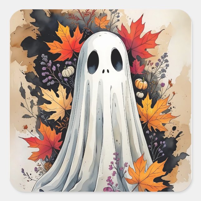 Gemütlicher Herbstghost - Kawaii Halloween Wasserf Quadratischer Aufkleber (Vorderseite)