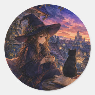 Gemütlicher Hexen-Sonnenuntergangs-Aufkleber Runder Aufkleber