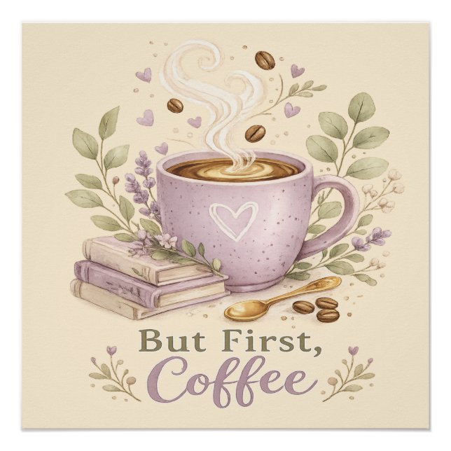 Gemütlicher Lavendel-Wasserfarbe-Kaffee Poster (Vorderseite)