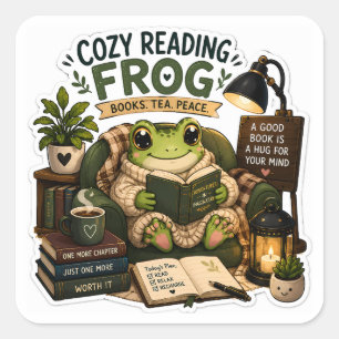 Gemütlicher Lesefrosch – Bücher • Tee • Frieden Quadratischer Aufkleber
