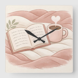 Gemütlicher Lesemoment - Kaffee- und Buchliebhaber Quadratische Wanduhr