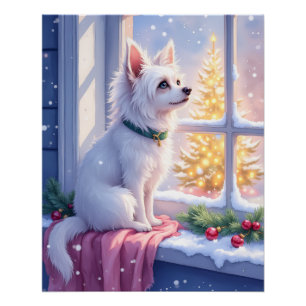 Gemütlicher Malteser am schneebedeckten Fenster We Poster