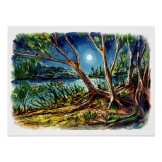 Gemütlicher Nachtwald & Mond Wandkunst - Glänzende Poster