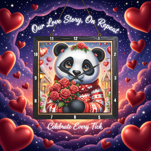 Gemütlicher Panda Winterrose Quadratische Wanduhr