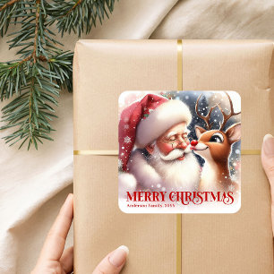 Gemütlicher personalisierter Weihnachtsmann und Ru Quadratischer Aufkleber