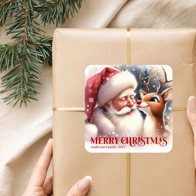 Gemütlicher personalisierter Weihnachtsmann und Ru Quadratischer Aufkleber (Cozy Personalized Santa and Rudolph Winter Sticker)
