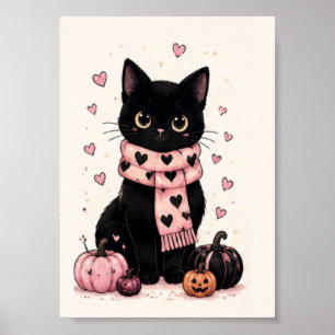 Gemütlicher rosa Herzschal schwarze Katze Poster