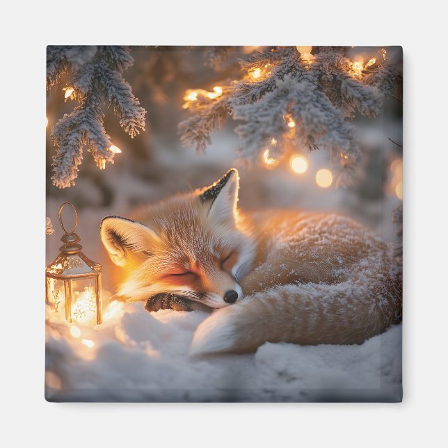 Gemütlicher Schlaffox unter verschneiten Zweigen Magnet (Vorne)