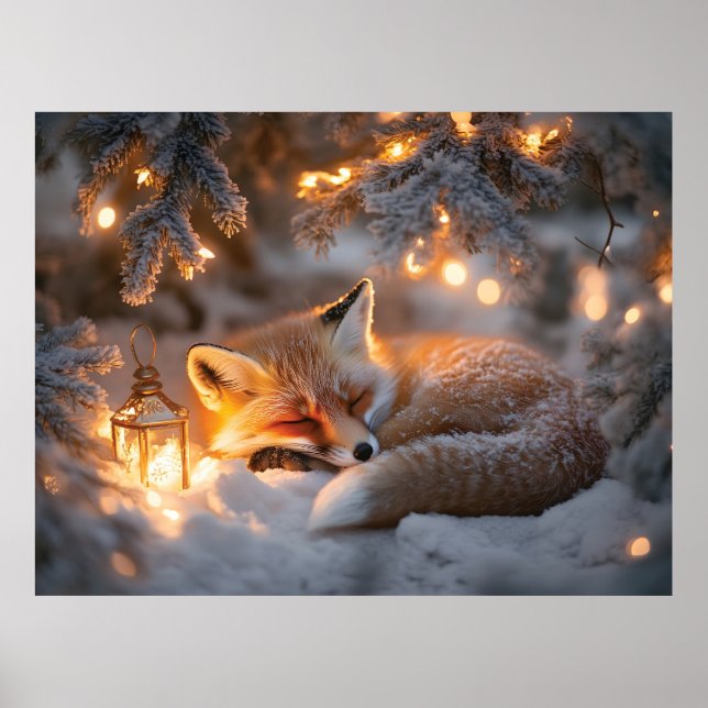 Gemütlicher Schlaffox unter verschneiten Zweigen Poster (Vorne)