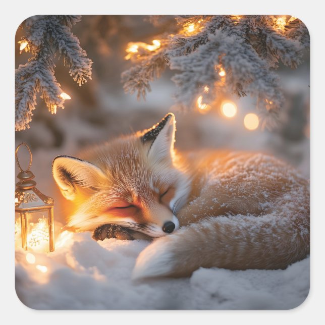 Gemütlicher Schlaffox unter verschneiten Zweigen Quadratischer Aufkleber (Vorderseite)