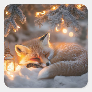Gemütlicher Schlaffox unter verschneiten Zweigen Quadratischer Aufkleber