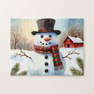 Gemütlicher Schneemann Bauernhof Wasserfarbe Weihn
