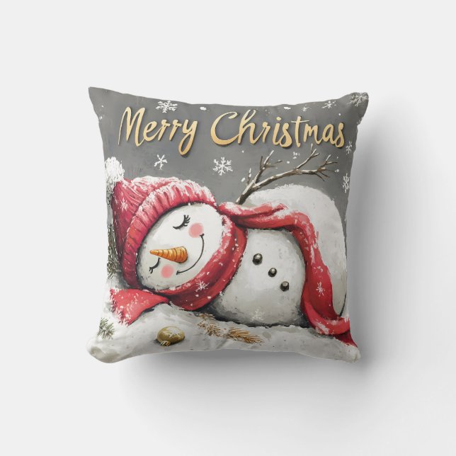 Gemütlicher Schneemann "Frohe Weihnachten" Kissen (Vorderseite)