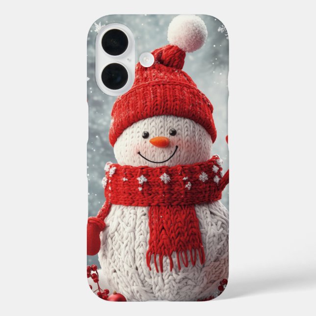 Gemütlicher Schneemann Roter Scarf Schneeflocken iPhone 16 Hülle (Rückseite)