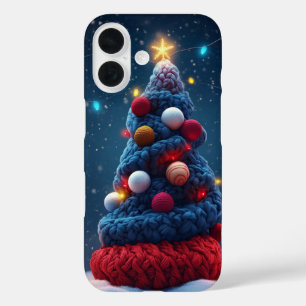 Gemütlicher Strick Weihnachtsbaum Blue Red iPhone 16 Hülle