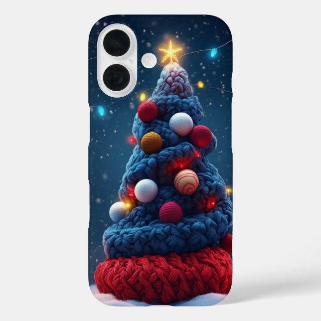 Gemütlicher Strick Weihnachtsbaum Blue Red iPhone 16 Hülle (Rückseite)
