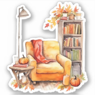 Gemütlicher Stuhl, Lampe und Bücher fallen Aufkleber
