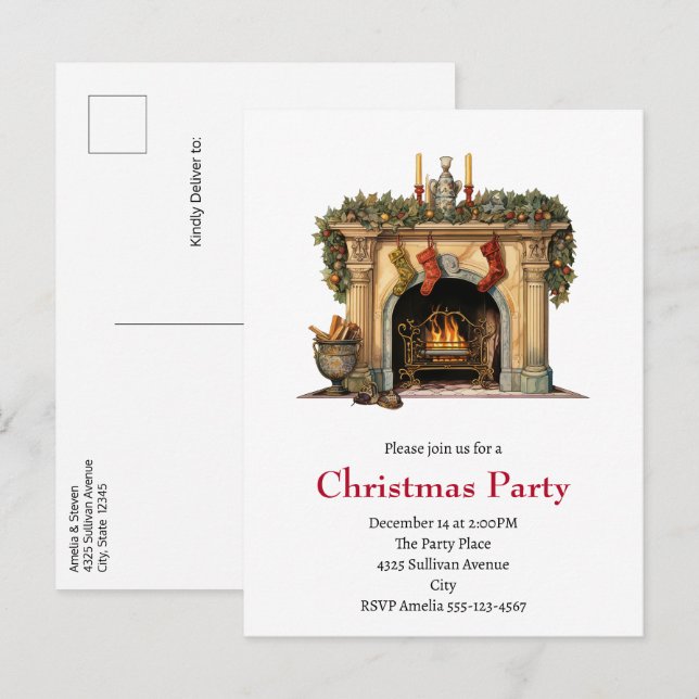 Gemütlicher Viktorianischer Kamin Weihnachten Einladungspostkarte (Vorne/Hinten)