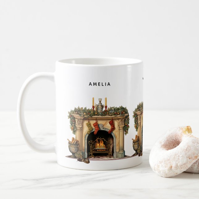 Gemütlicher Viktorianischer Kamin Weihnachten Kaffeetasse (Mit Donut)