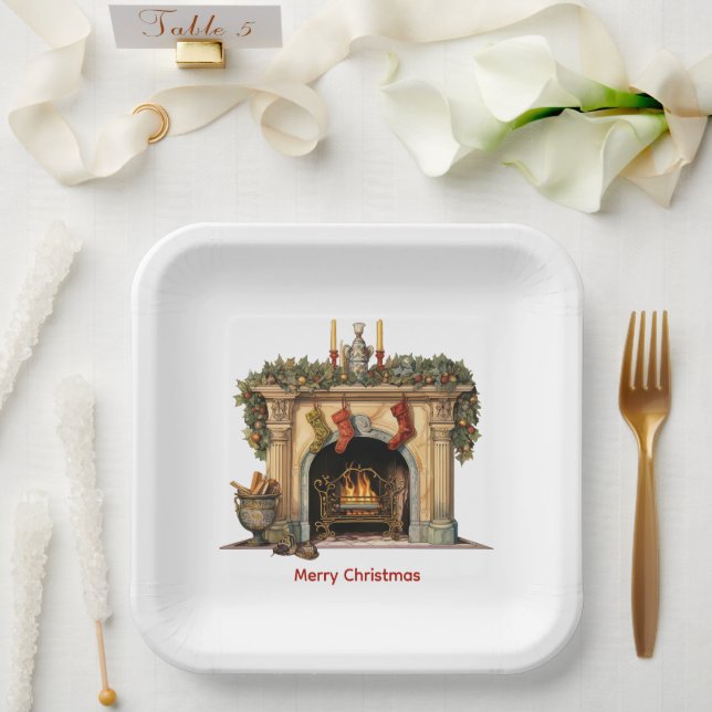 Gemütlicher Viktorianischer Kamin Weihnachten Pappteller (Hochzeit)
