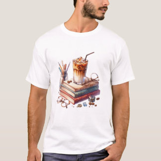 Gemütlicher Wasserfarben-Eiskaffee und Vintage-Büc T-Shirt