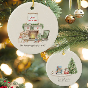 Gemütlicher Wasserfarben-Mäuse-Kamin-Weihnachten Keramik Ornament