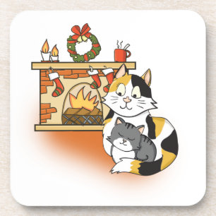 Gemütlicher Weihnachts-Kamin Mutter Katze mit Kätz Getränkeuntersetzer