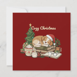 Gemütlicher Weihnachts-Schlafender Hund & Bücher V Feiertagskarte