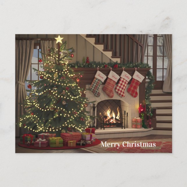 Gemütlicher Weihnachtsabend am Kamin Strümpfe Postkarte (Vorderseite)